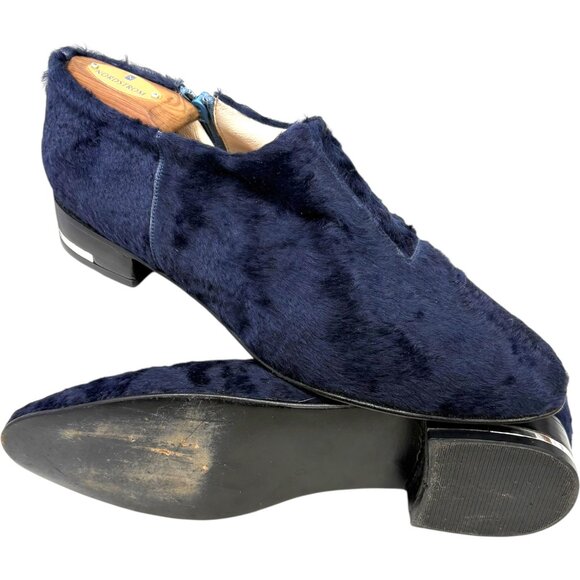 Josefina Ferroni Navy Blue Genuine Rabbit Fur Zip Flats - Picture 9 of 10